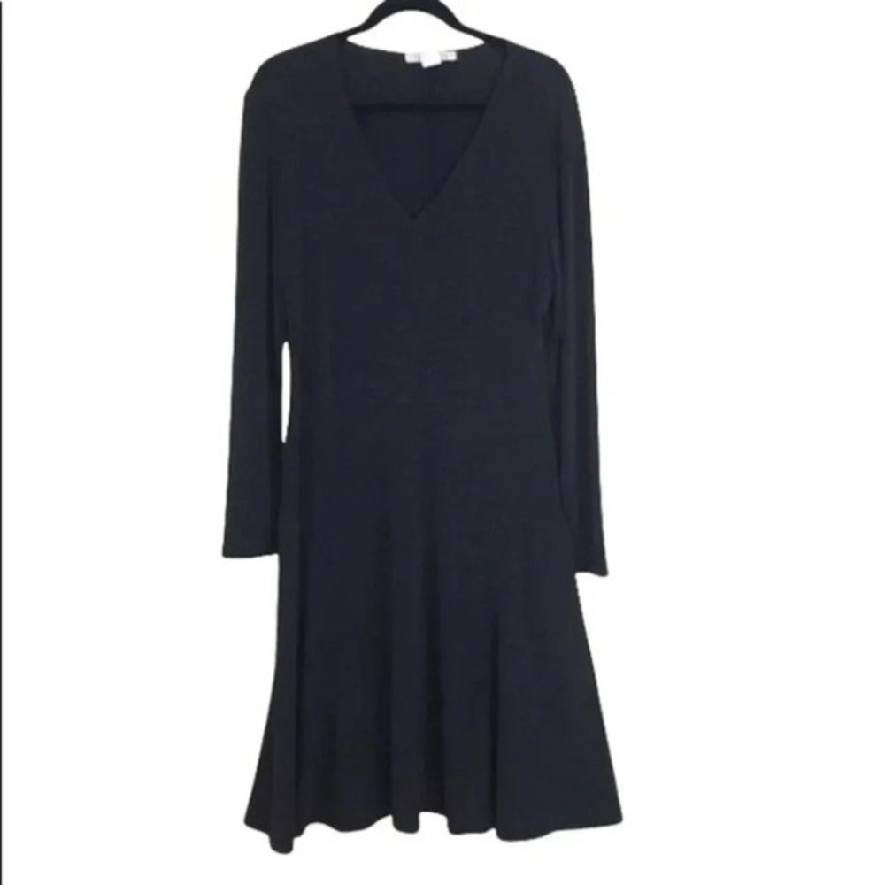Versailles L black long sleeve waist ruching v-neck fit + flare‎ dress